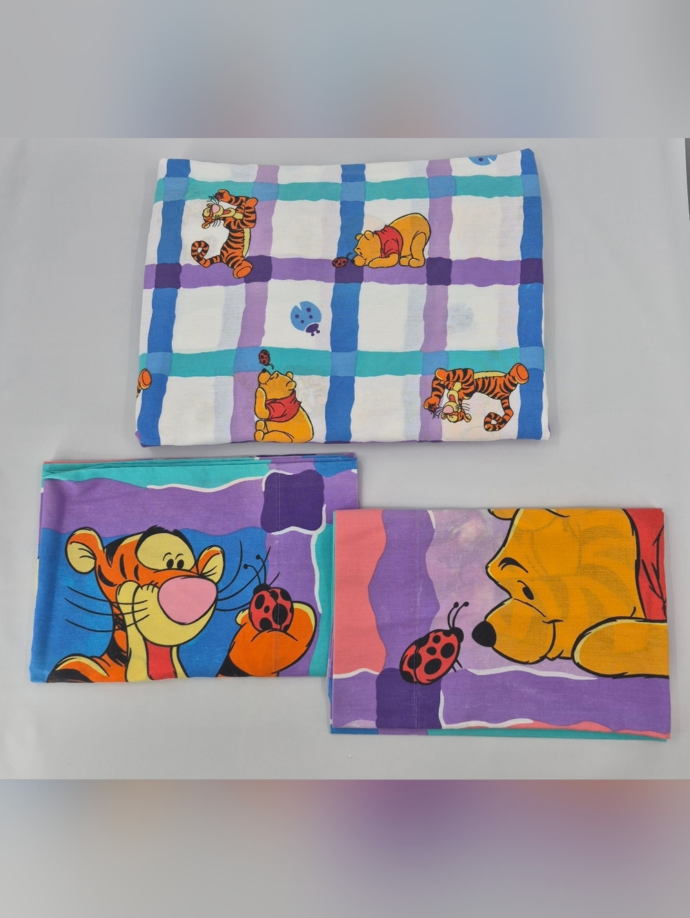Winnie The Pooh Plaid Tigger  Lady Bugs Vintage Twin Fitted Sheet 2 Pillow Cases